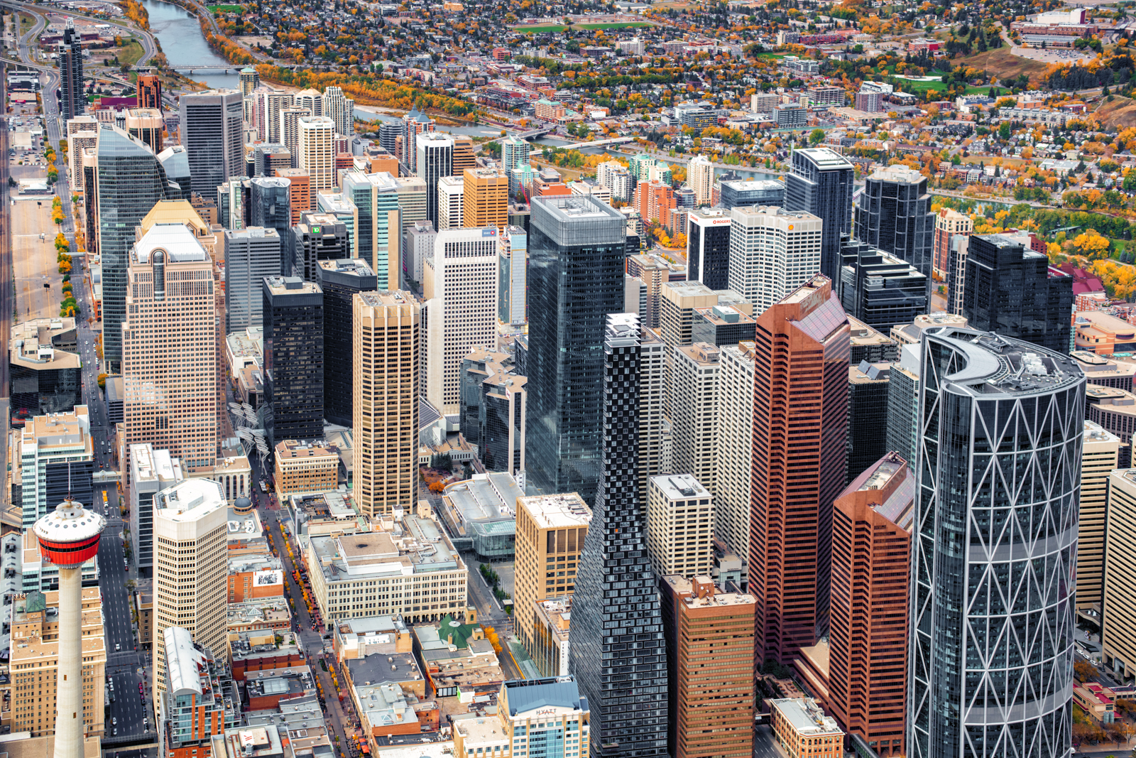 Aerial view of downtown Calgary and the Bow River